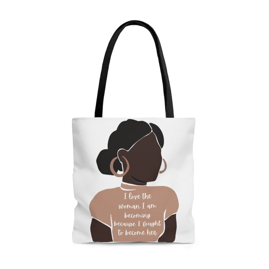 I Love Who I Am Becoming Durable Affirmation Tote Bag- Inspirational Tote Bag, Laptop Tote Bag, Office Tote Bag, Self-Care Gift Tote Bag, Tote Purse